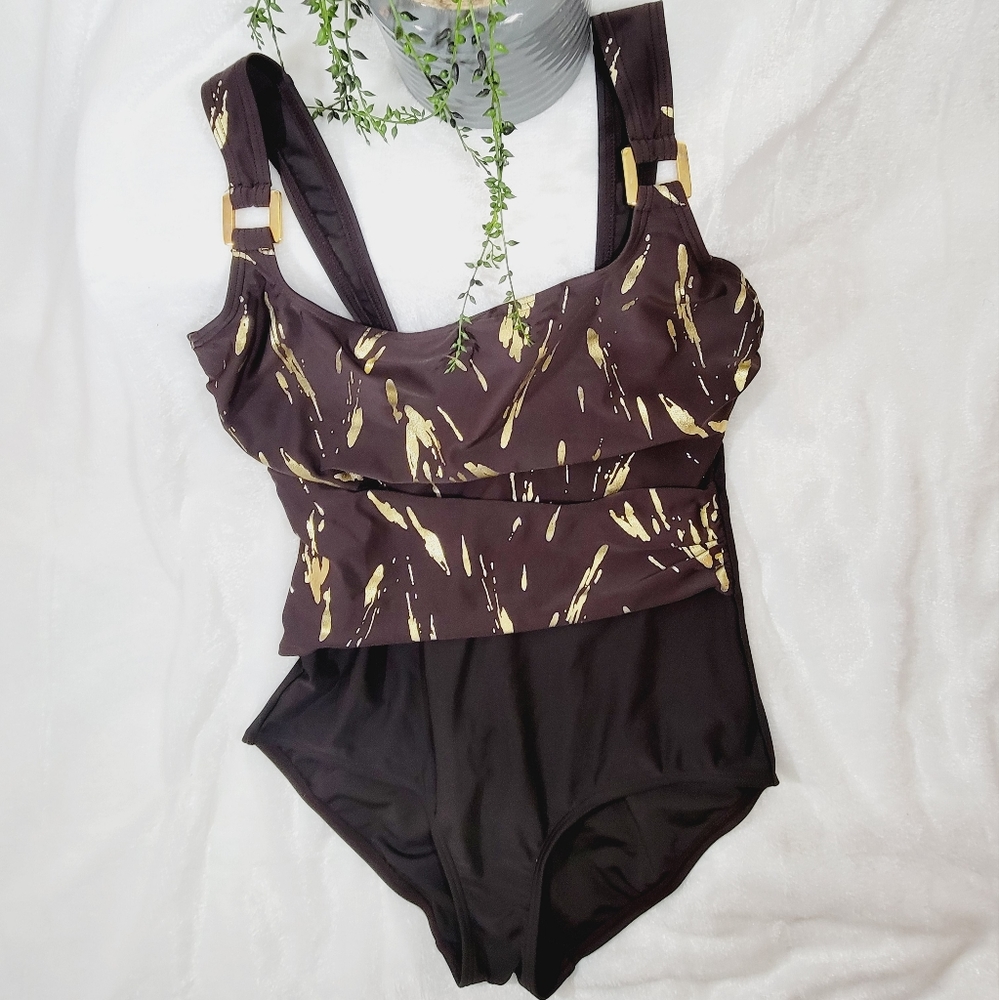 Silhouette Solution Brown 1Piece Swimsuit w/Gold Metallic Detailing size 14D